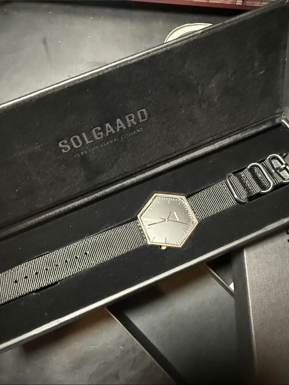 Solgaard Hexagonal Rose Gold Dial Watch with Black Nylon Strap.